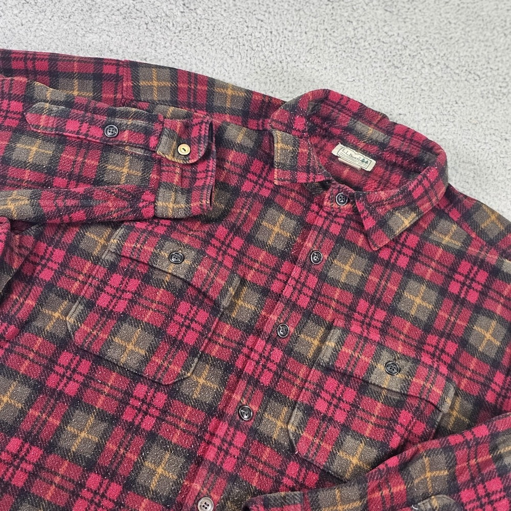 L.L.Bean Fleece Shirt Mens Large Red Black Plaid Button Down Two Chest Pockets